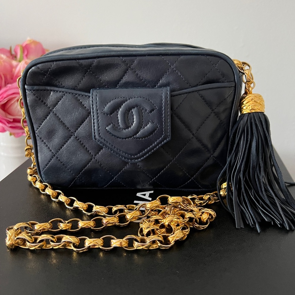 Authentic Chanel Navy Blue Small Camera Bag w/ 24k gold-plated bijoux chain